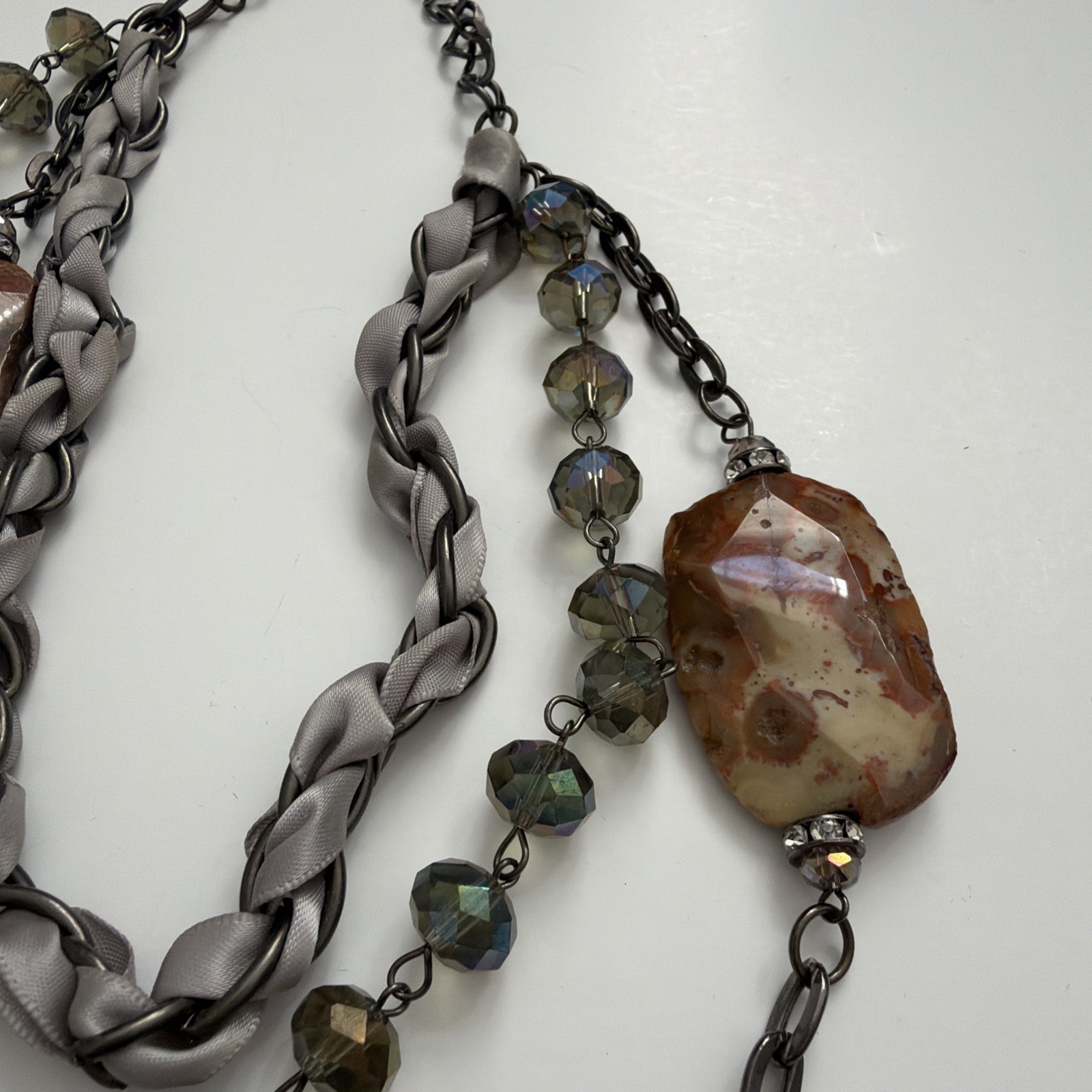 Vintage Cookie Lee Multi Strand Statement Necklace Agate Crystal Gunmetal Gray