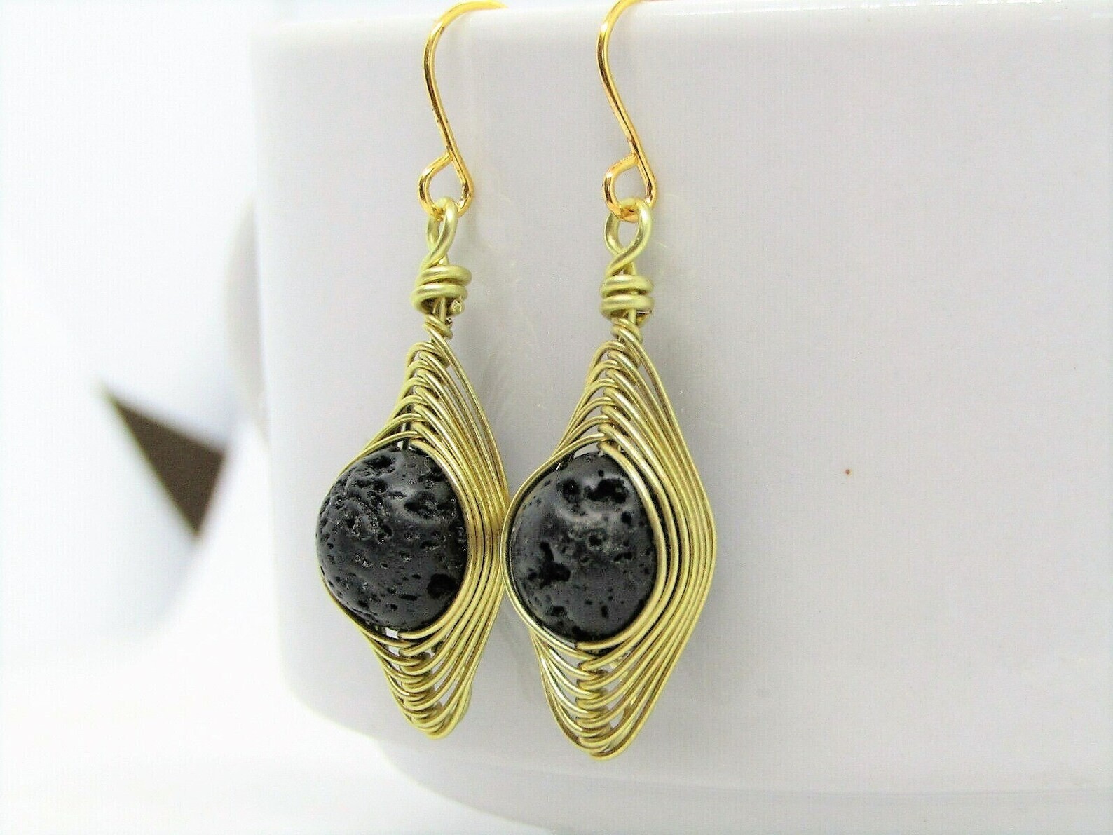 Healing Lava Stone Gold Wire Wrapped Earrings, Black Gemstone Dangle Earrings