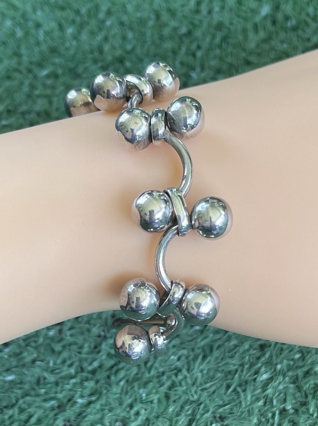 Vtg Marked 925 Sterling Silver DNA Vine Cha Cha Beads Toggle Clasp Bracelet 7.5”