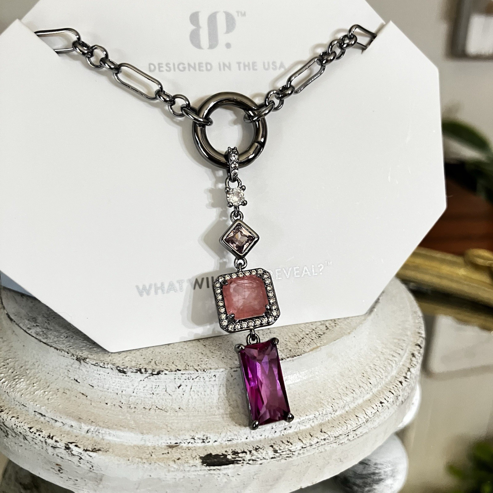 Bomb Party Necklace “She’s Everything” Gradient Rose Quartz on Hematite NK26264