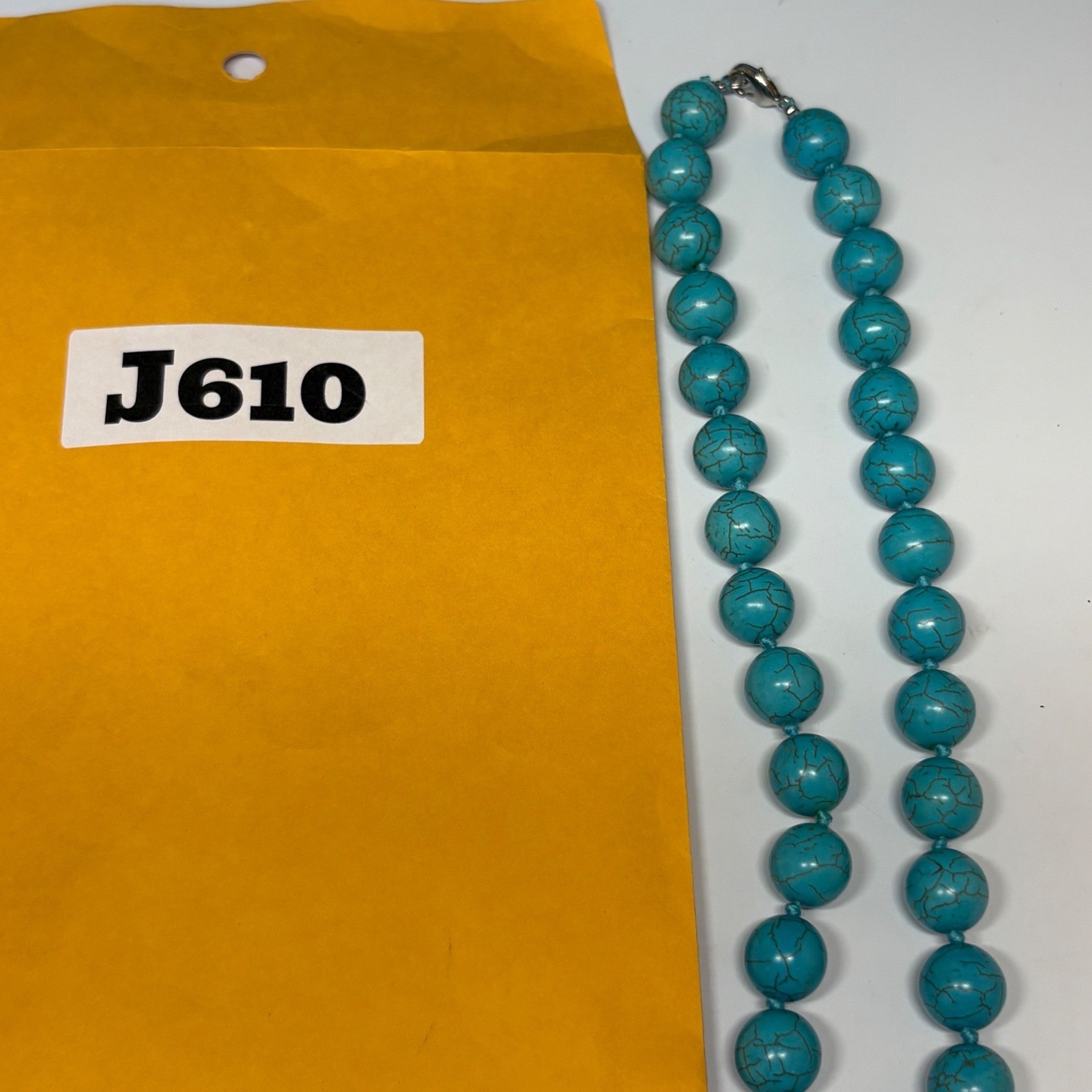 Turquoise Blue Magnesite Round Bead Knotted Statement Necklace 18 Inch