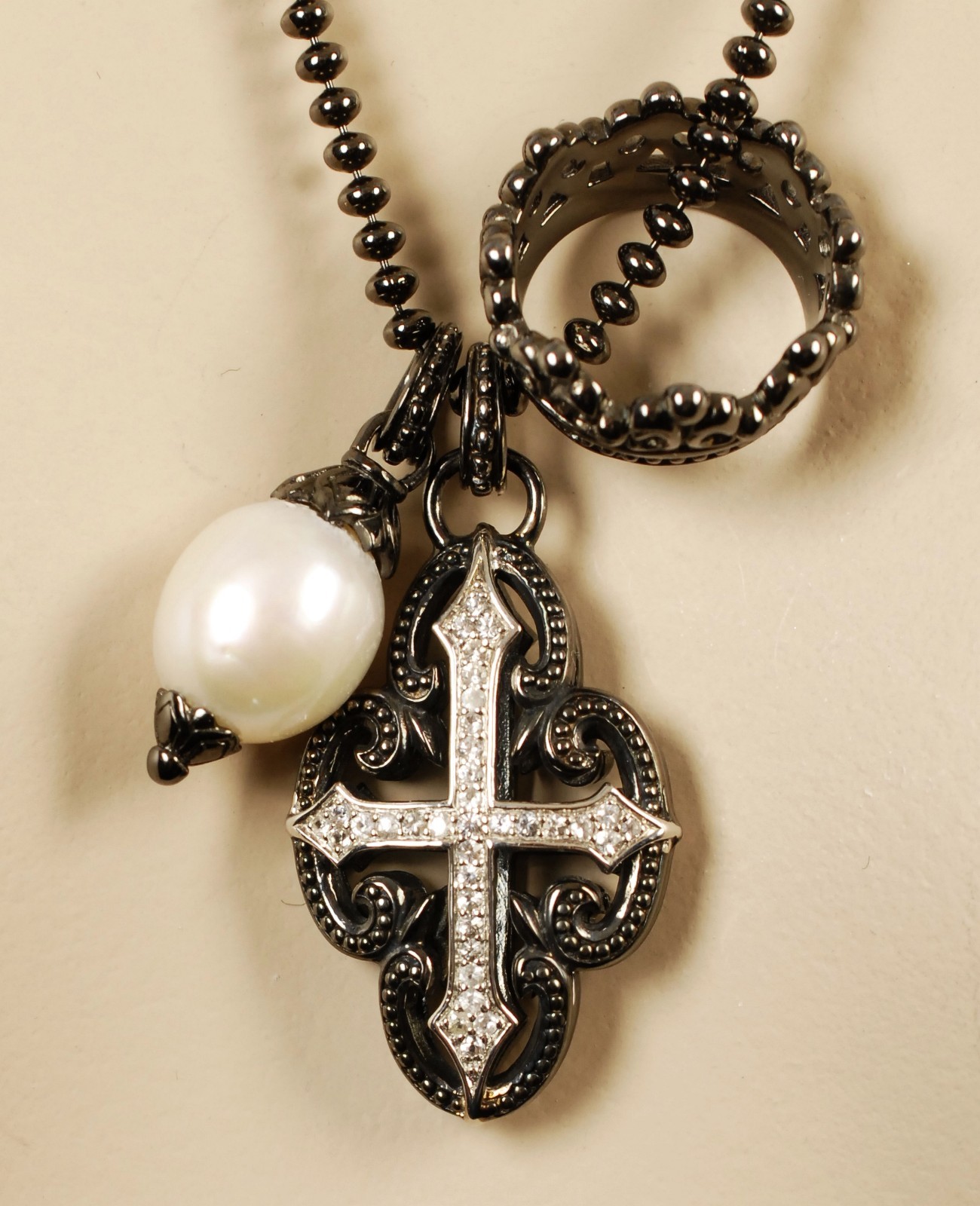 $750 Scott Kay Ruthenium Ball Chain Pearl Cross Charm Necklace Women Lady Gift