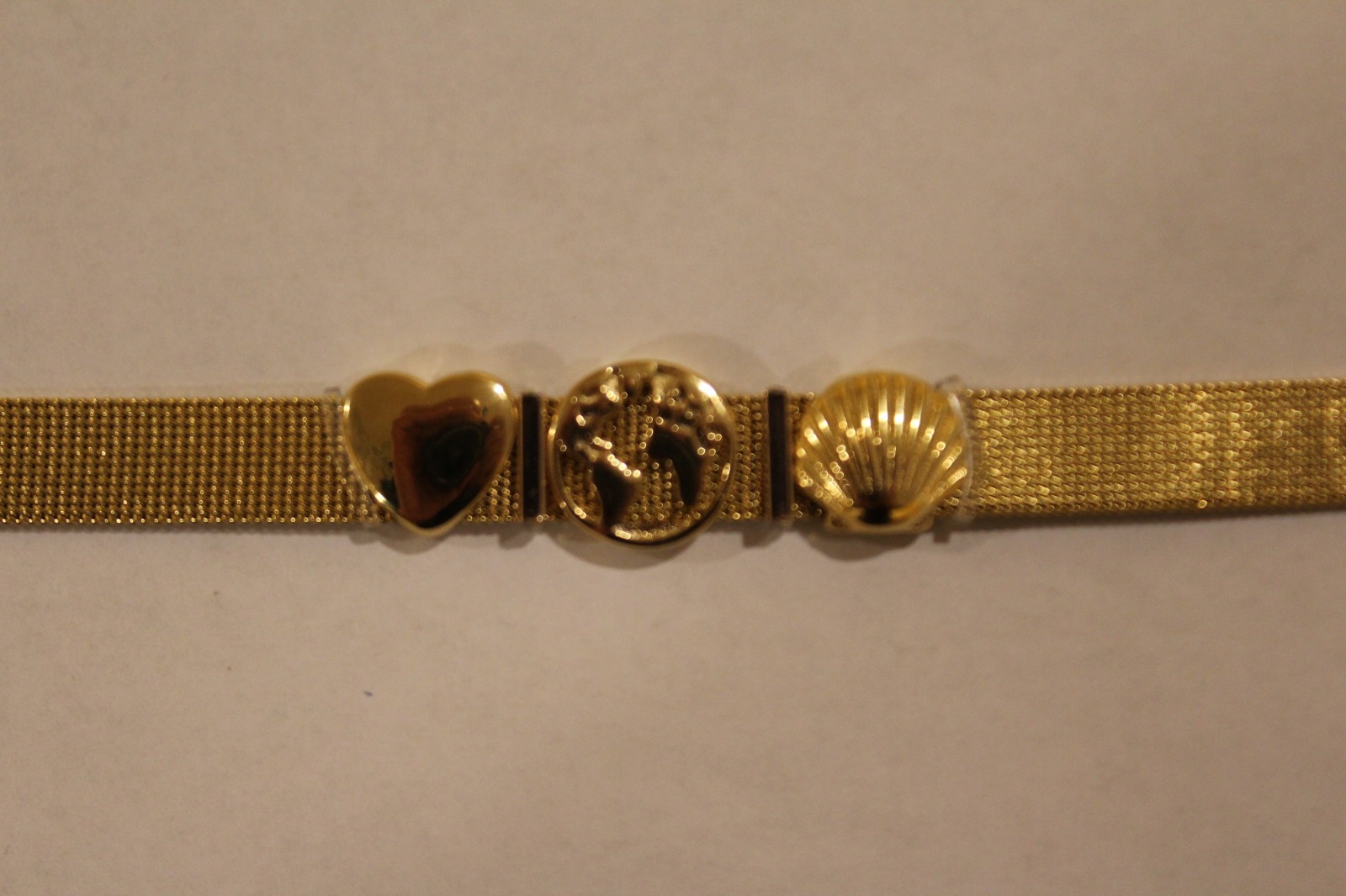 Gold Tone Stainless Steel Mesh Charm Bracelet Buckled Band with 3 charms