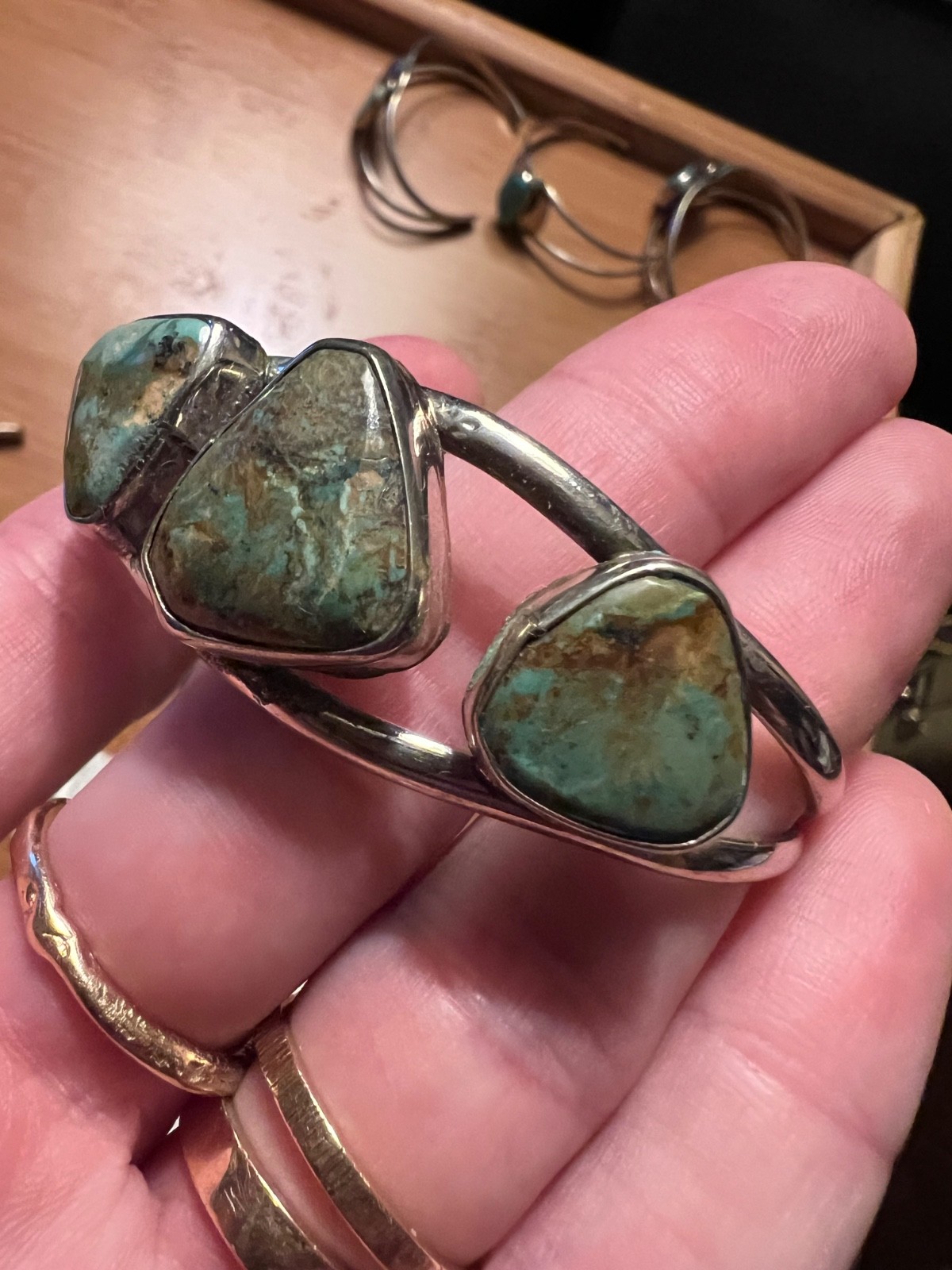 Real 3 Stone Turquoise, SW Alpaca Turquoise Cuff Adult- Medium Bracelet