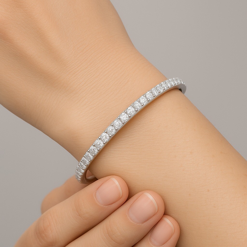 14K White Gold Diamond Tennis Bangle Bracelet 6 CT Treated Diamonds | Certified