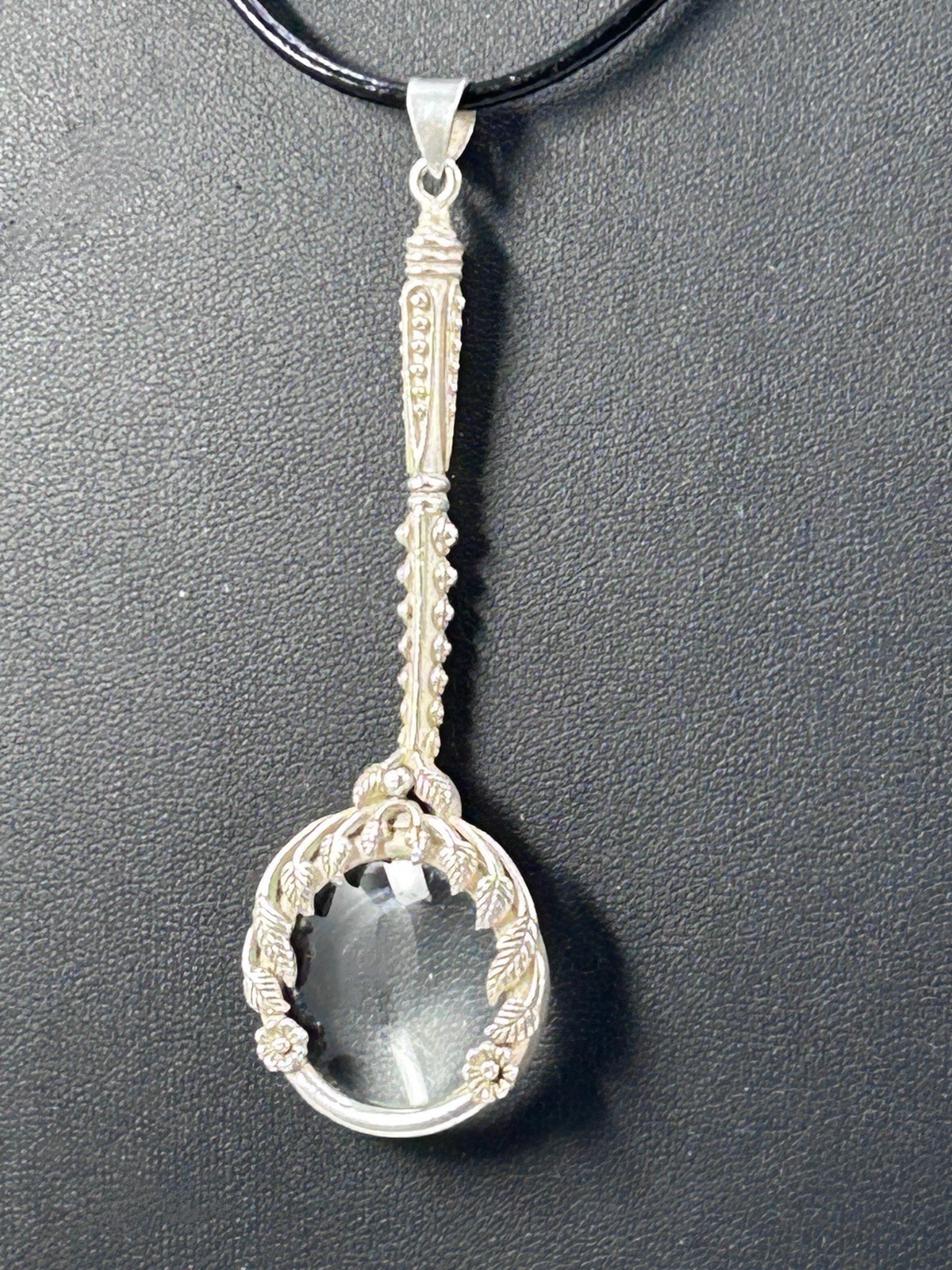 Silver-tone Pretty Floral Design 3″ Magnifying Glass Pendent On Cord 26″