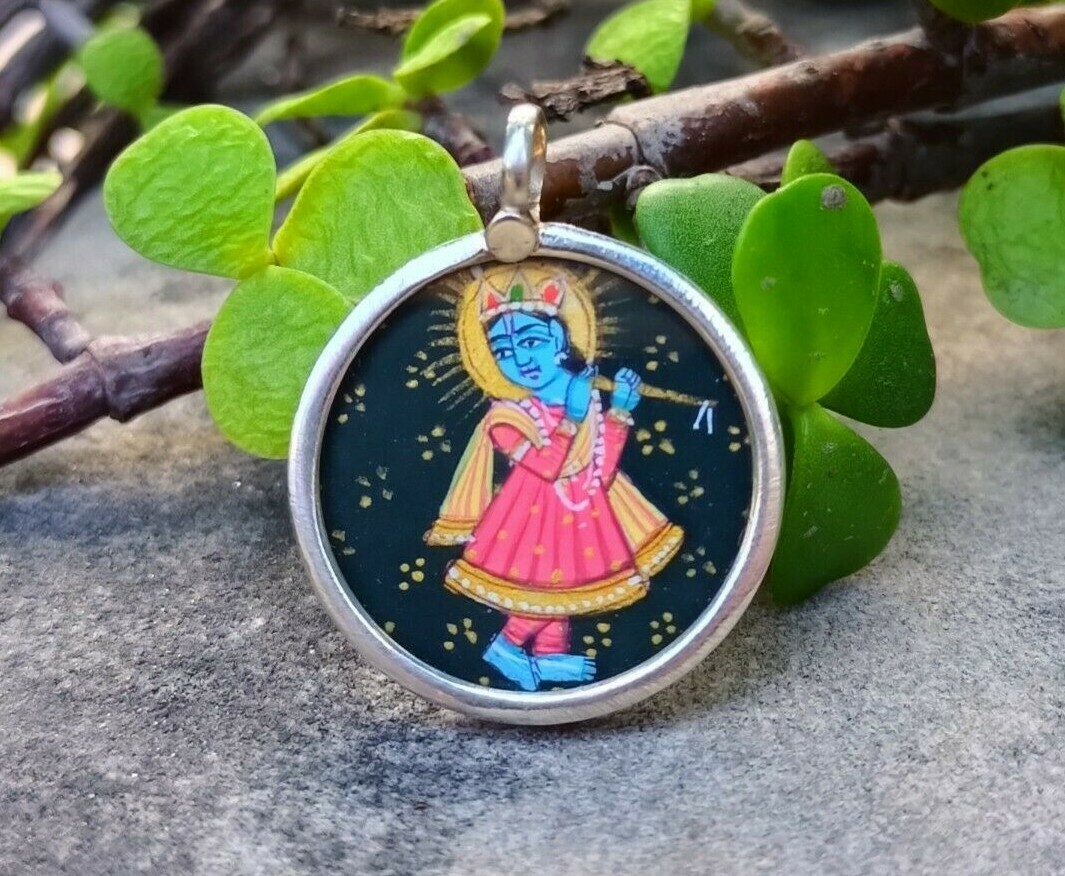 Handmade Hand Painted 925 Sterling Silver Miniature Krishna Pendant 23X30mm #30