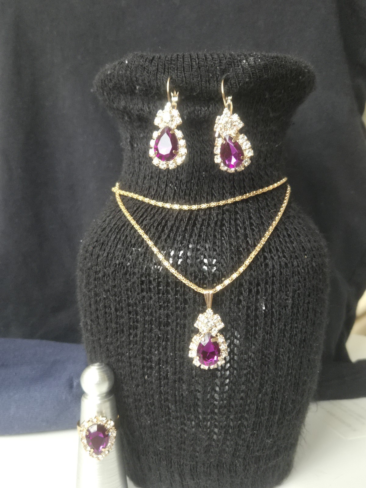 24 Inch Long Gold Tone Purple Pendant Sets Include Necklace Earrings and Ring.