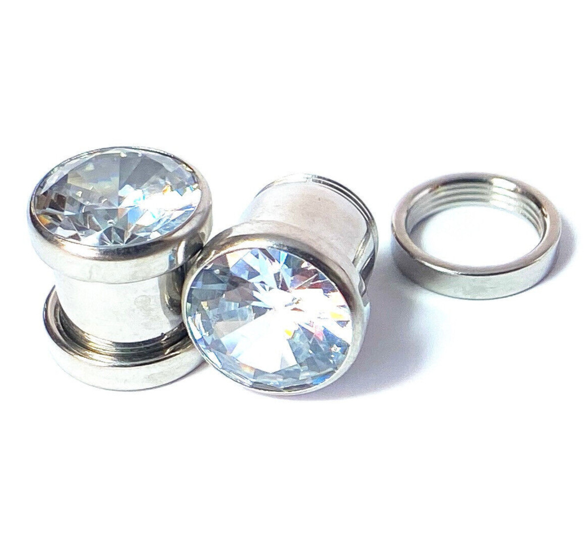 PAIR Large Gem Screw Fit Tunnels Ear Plugs Gauges – select size 6g up to 5/8″
