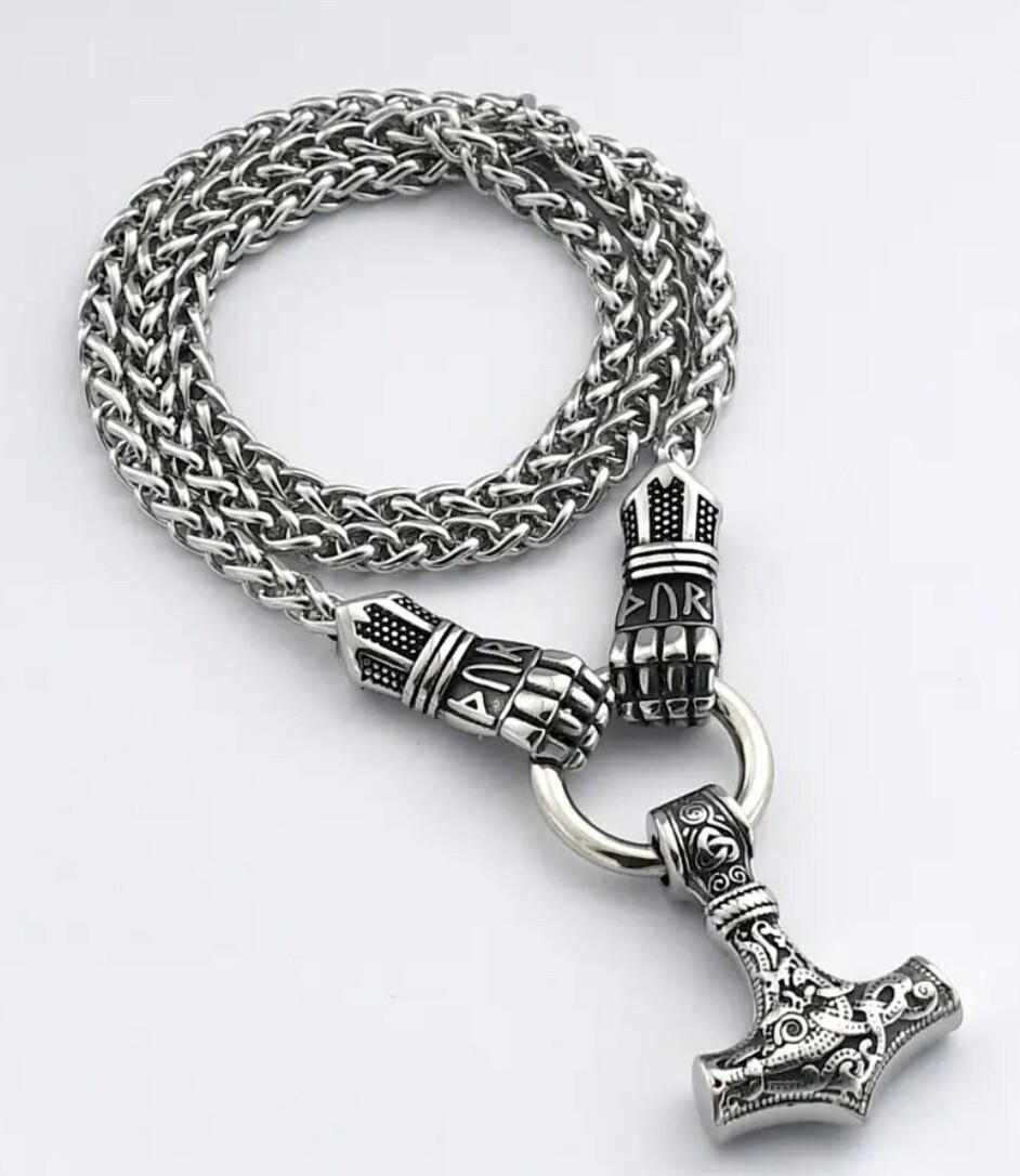 Men’s Nordic Vikings Stainless Steel Thor’s Hammer Pendant Necklace 60cm/23.5″ L