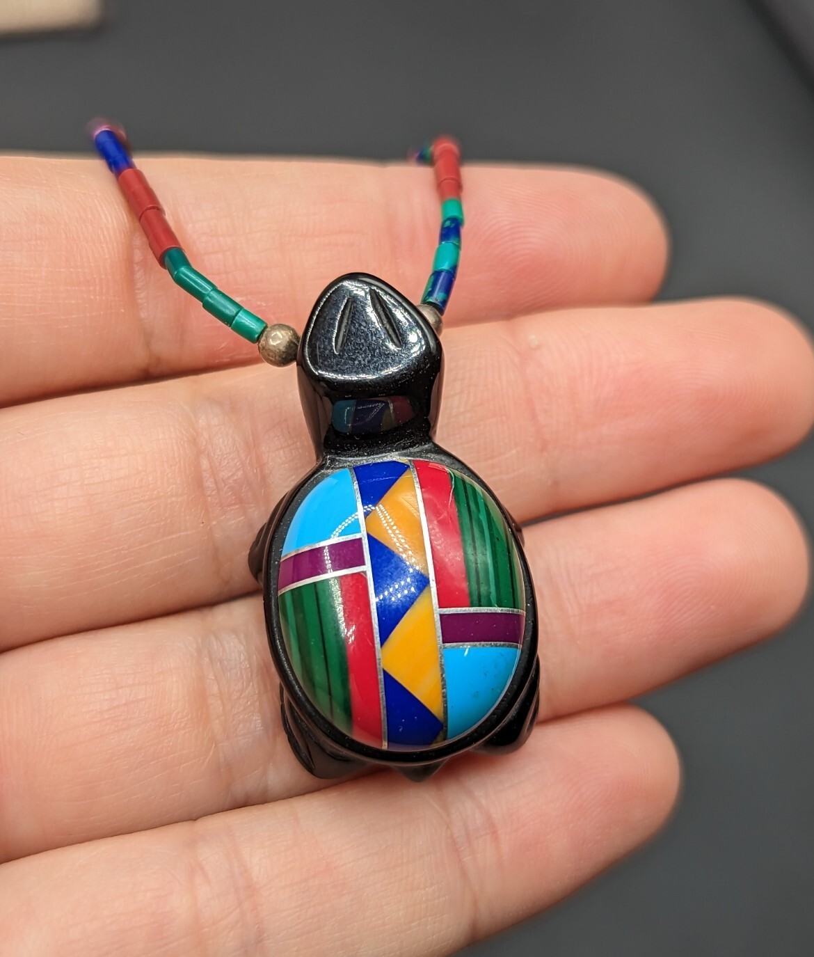 Multi Color Inlay Black Stone Carved Turtle Southwestern Beaded Necklace 25″
