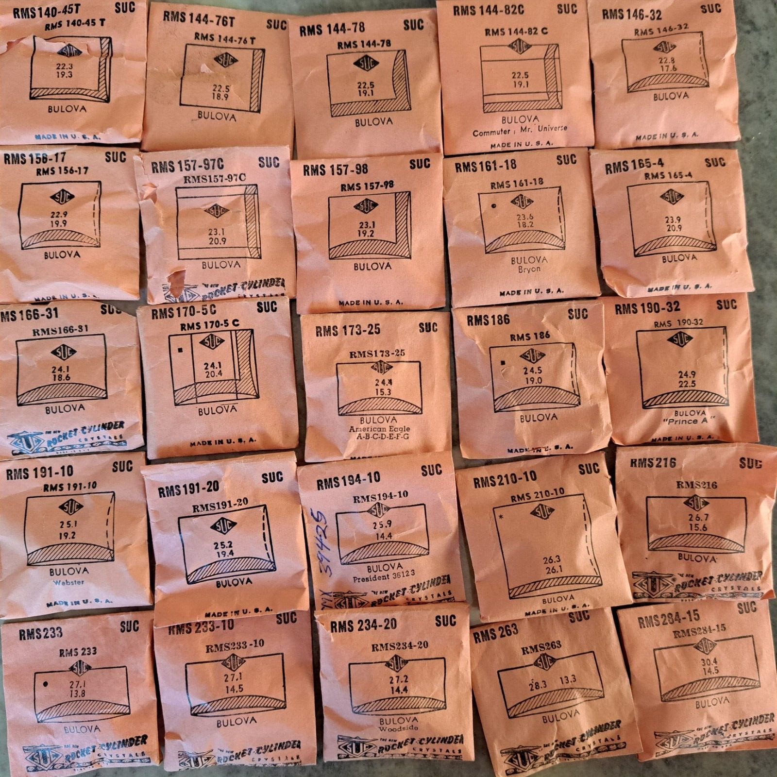 BULOVA WATCH CRYSTALS NOS – SUC BRAND many varieties (RC to RMS) page 1 0f 2