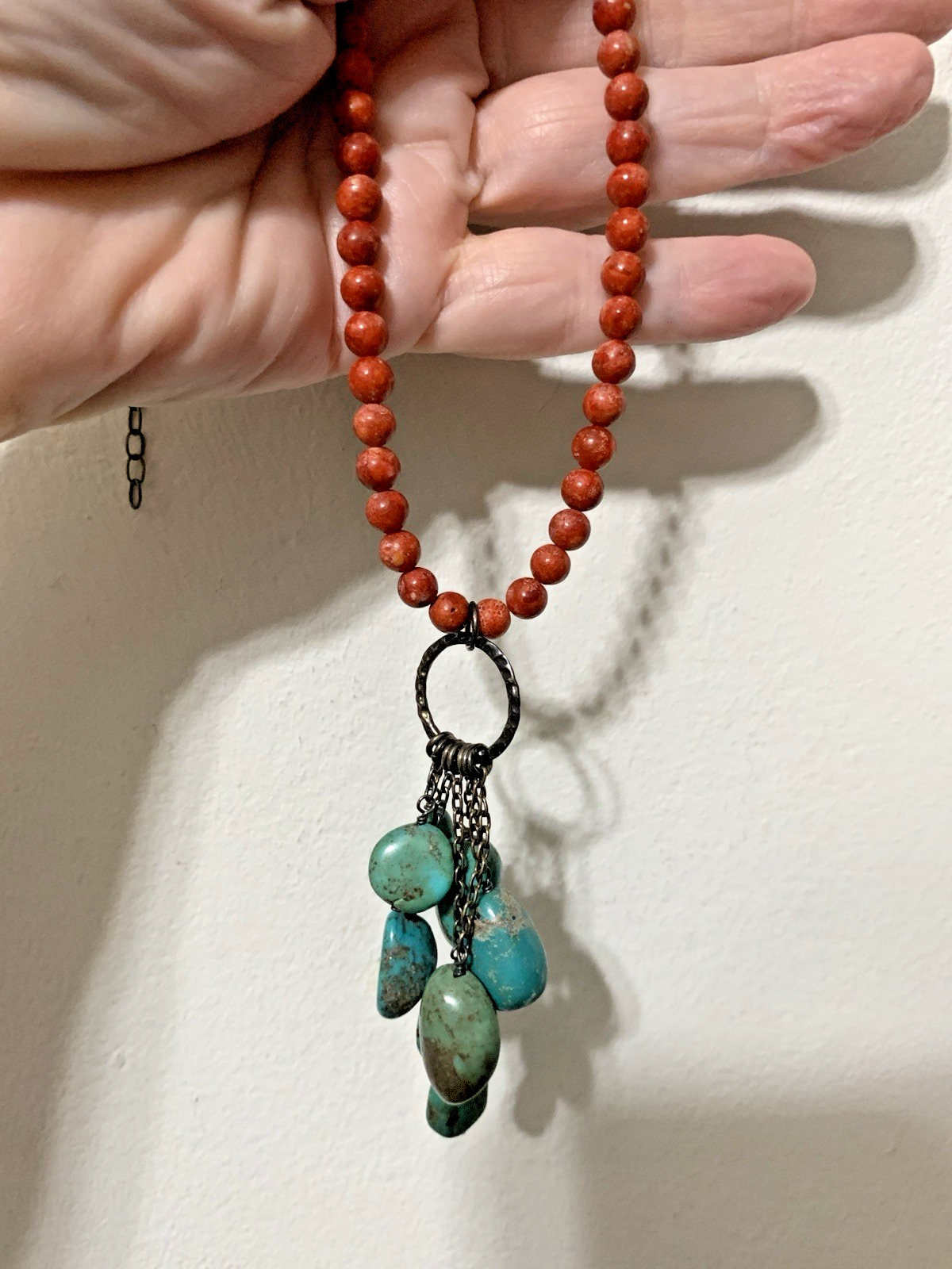 Southwestern Style Red Coral & Turquoise SS Beaded Necklace,Dangling Pendant,22”