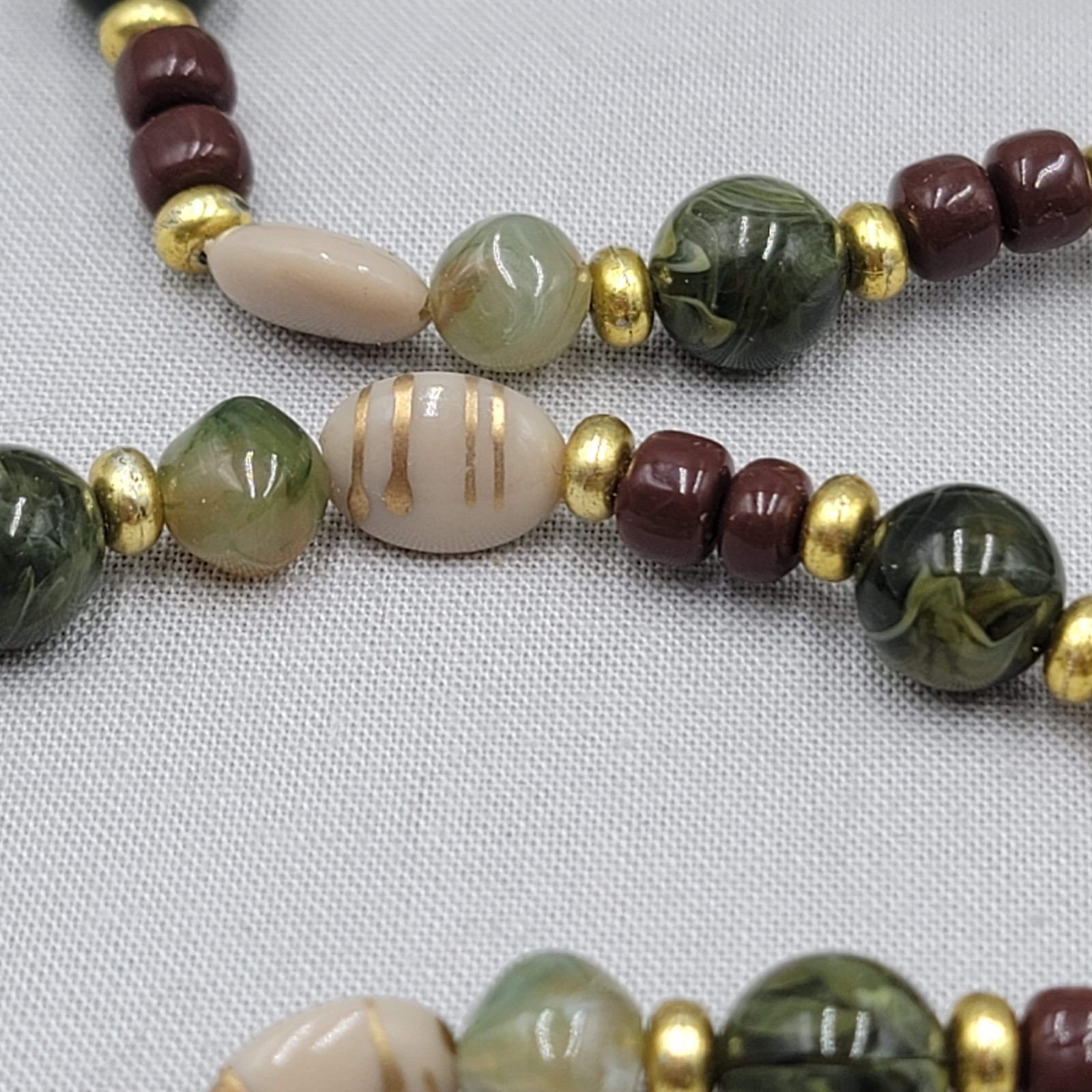 Vintage Brown Green Beige Bead Necklace Gold tone 36″