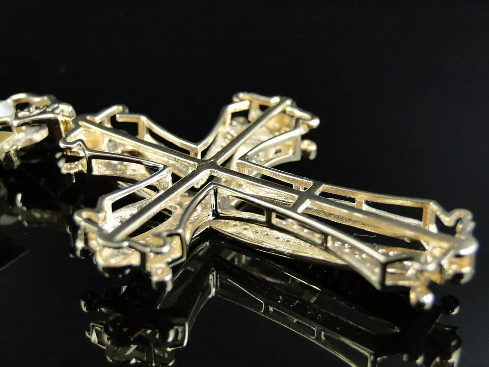 Pave Set Round Cut Diamond Cross Pendant in 14K Yellow Gold FN 0.92 Ct