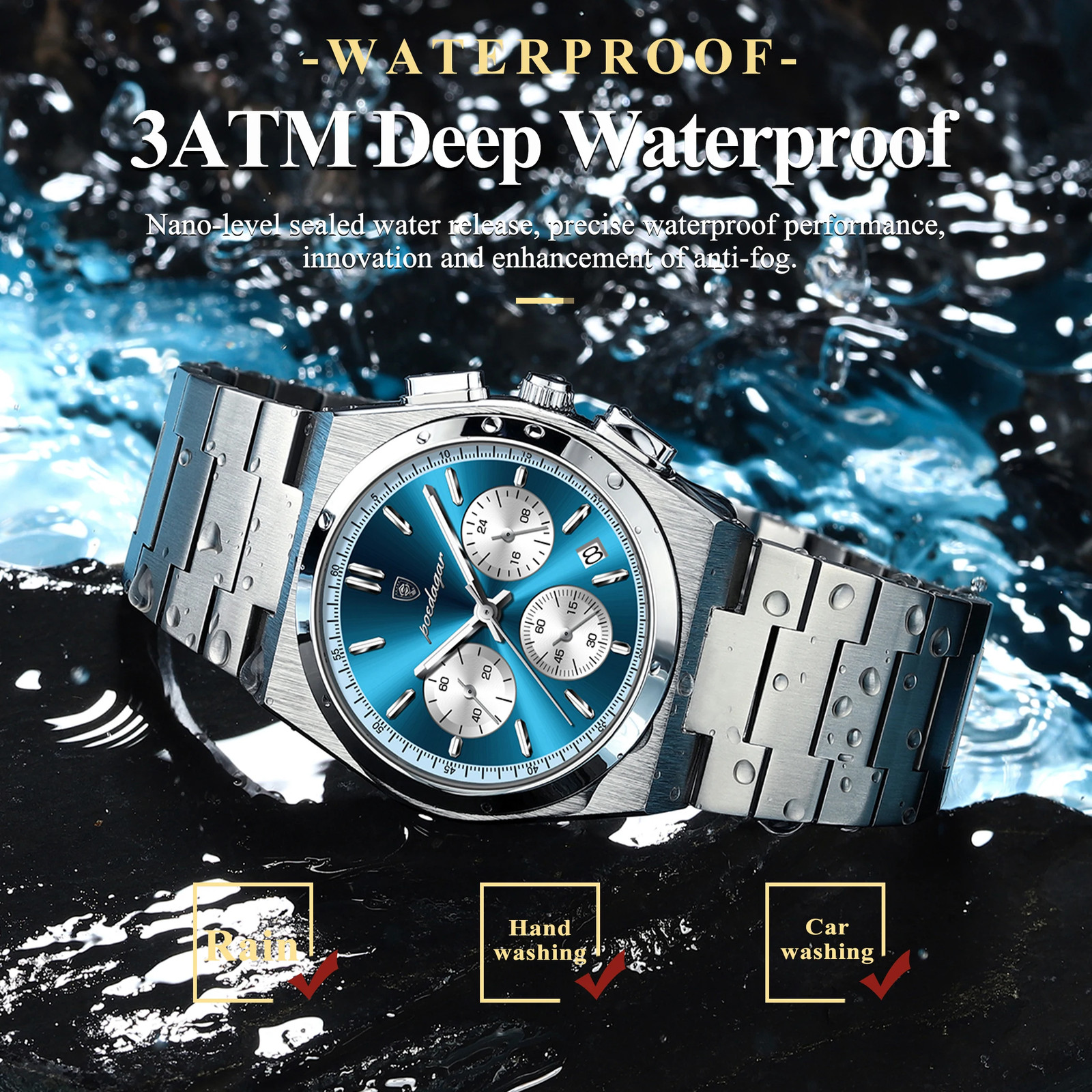 Luxury Man Quartz Chronograph Watch Waterproof Luminous Date 3Bar
