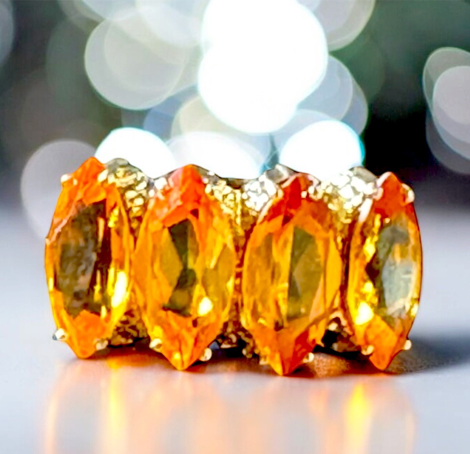14K SOLID YELLOW GOLD 4 X 10MM ORANGE SAPPHIRE MARQUISE STATEMENT RING SIZE 5.5