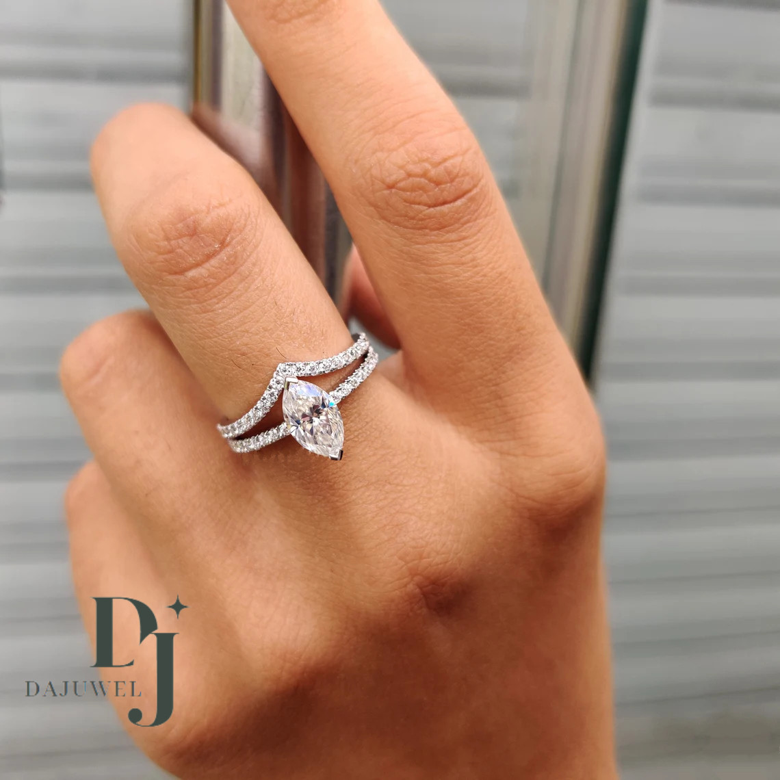 Moissanite Bridal Set Engagement Ring Solid 14K White Gold 2.50 CT Marquise Cut