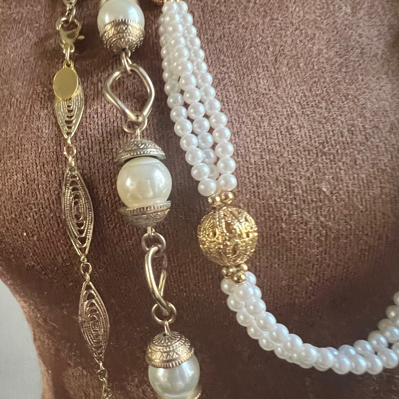 Vintage Multi Strand Faux Pearl Gold Tone Layered Necklace 18-40in Set of 4