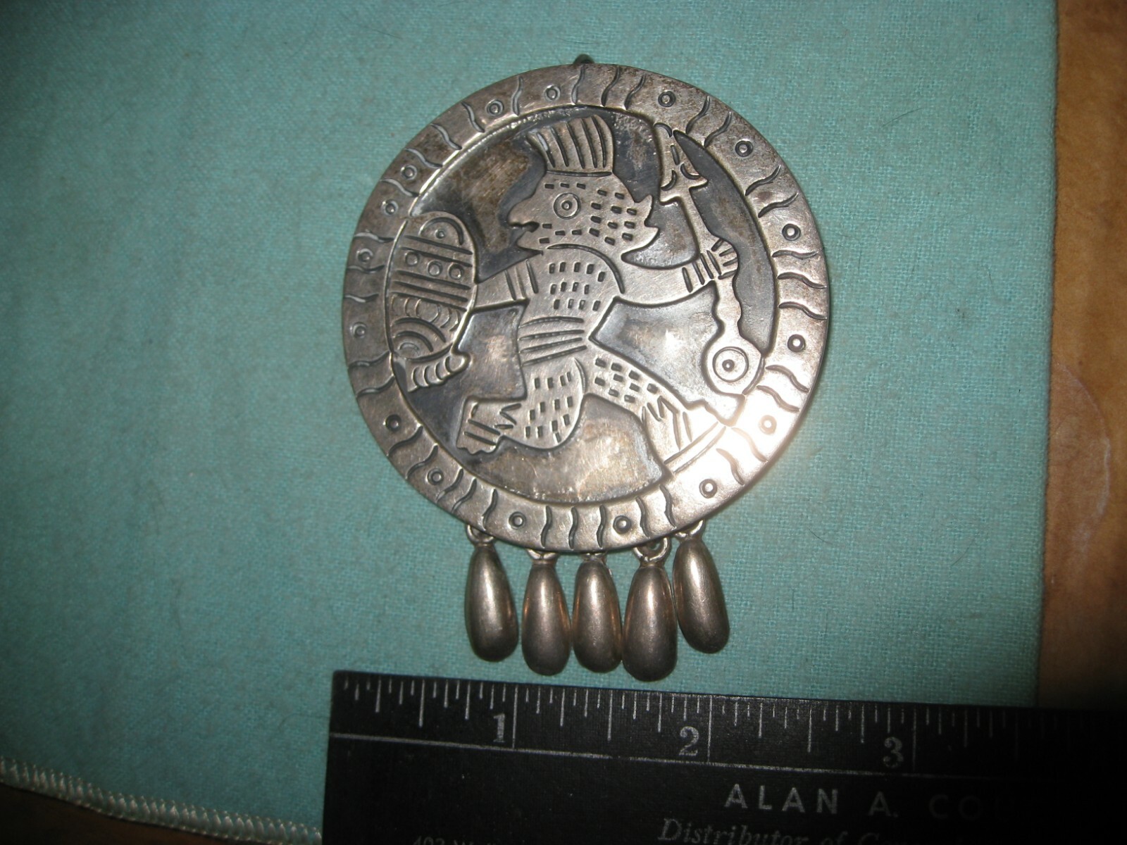 Large Aztec Eagle Warrior With Spear & Shield Pendant With Dangles