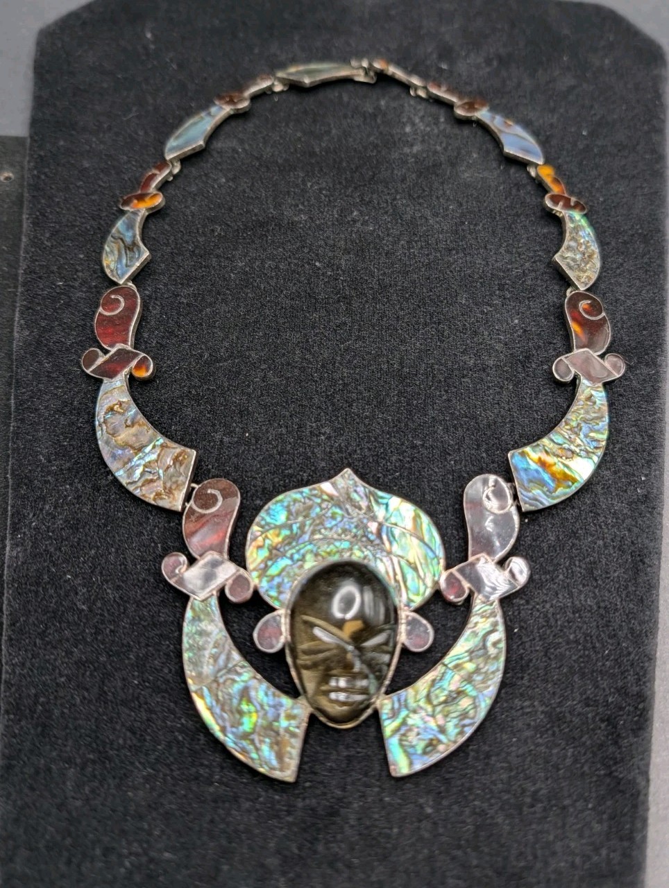 Vtg Statement Piece 925 Mexico Sheen Obsidian Tortoise & Abalone Shell