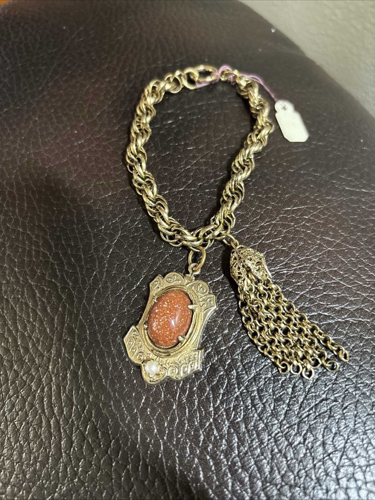 VINTAGE Gold Color Bracelet with Stone & Chain Hanging Charms 7” Long NICE