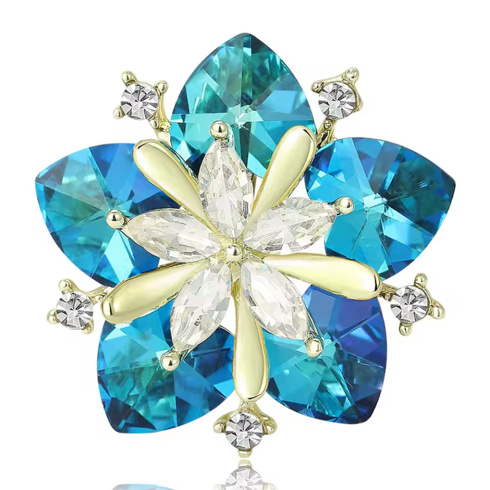 Sparkly Blue Crystal Flower Brooch Gold Tone Pin Rhinestone Summer Jewelry Gift