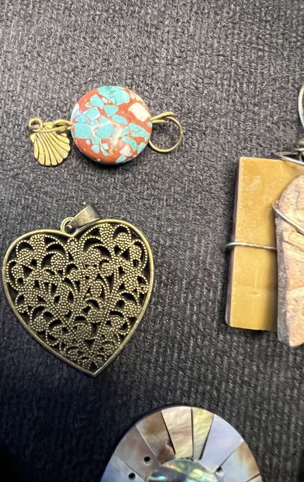 10 Pc Artisan Pendant Lot Abalone Shell Copper Stone Hearts Handmade Mixed