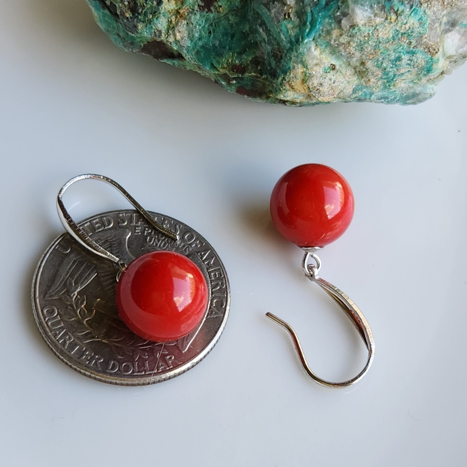 TEAR DROP Round 10.7mm Natural Coral 1.2” Hoop EARRINGS 925 Silver