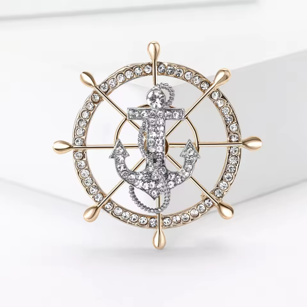 Nautical Ship Wheel Anchor Brooch Rhinestone Cruise Sailing Pin Gold Jewelry Gif
