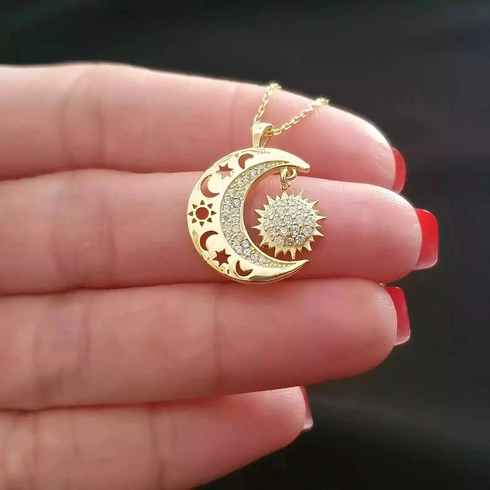 1.20Ct Round Cut Simulated Diamond Moon Sun Shape Pendant 14K Yellow Gold Plated