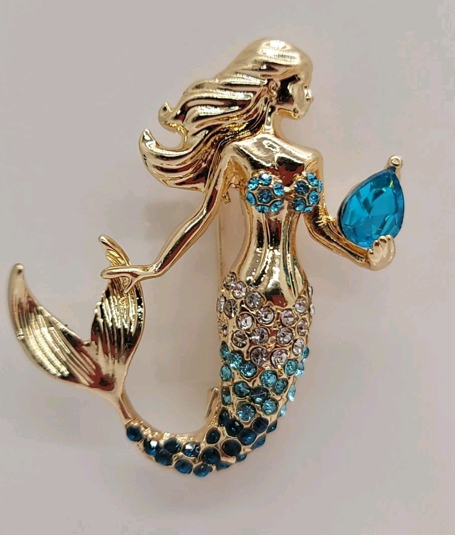 Gold-Tone Mermaid Brooch with Blue Gem – Rhinestone Tail & Top – Ocean Fantasy
