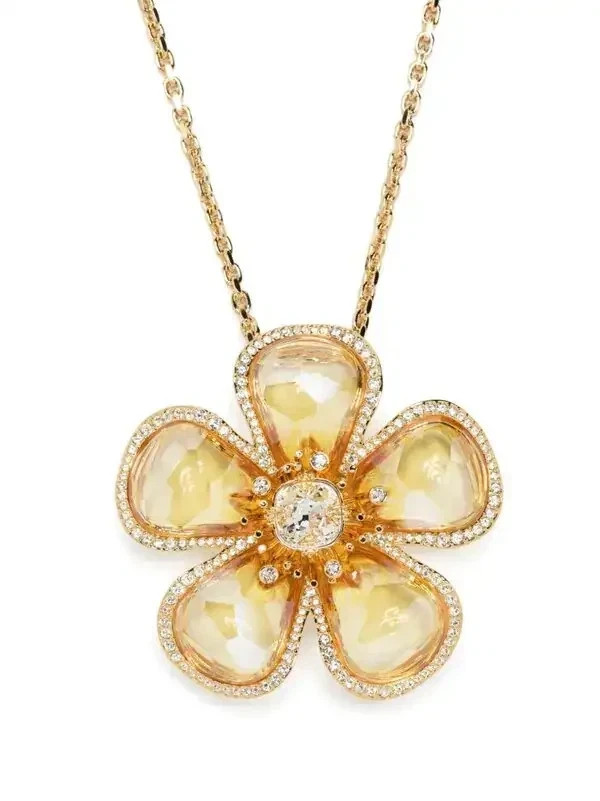 Swarovski Gold Tone Flower Pendant Necklace Yellow Crystal Florere Long Chain