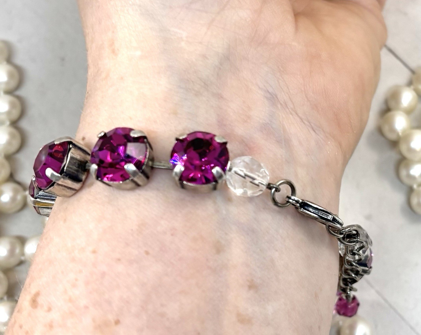 10mm Antique Silver Plated Fuchsia Pink Cup Chain Statement Bracelet