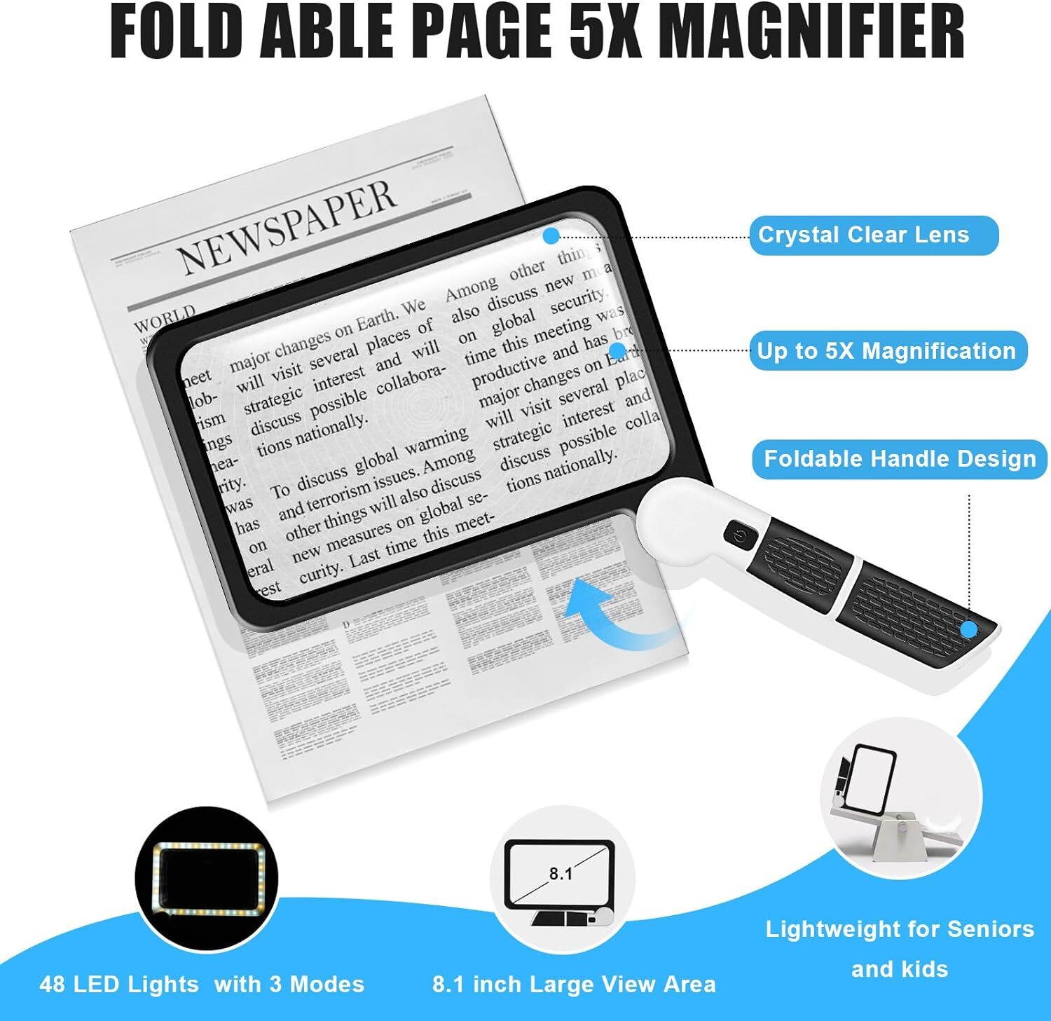 5X Page Magnifying Glass with 3 Lighting Modes for Reading & Low Vision Seniors