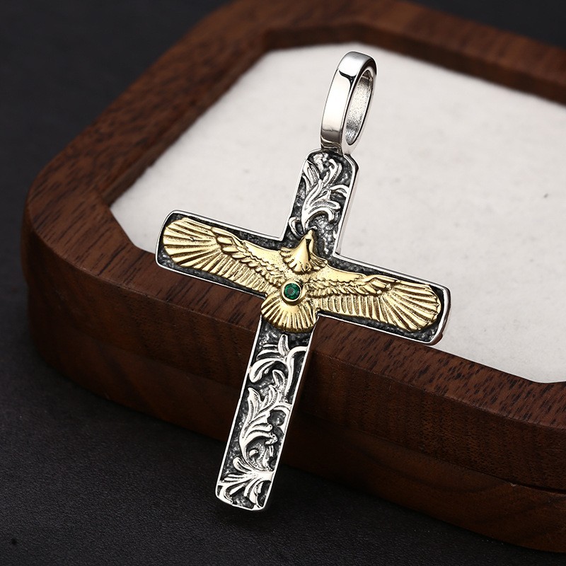 Majestic Eagle Cross Pendant Two-Tone S925 Silver Baroque Freedom Amulet for Men