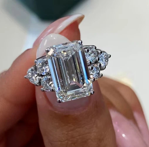 Lab Grown Diamond 6.50 Ct Emerald-Cut Hidden Halo Engagement Ring 14K White Gold