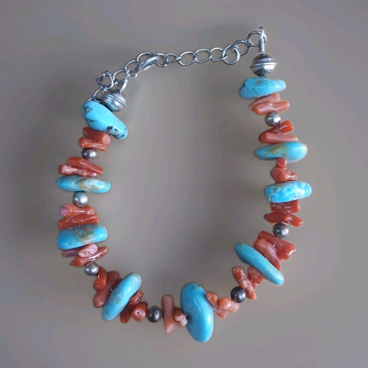Genuine Turquoise And Coral Stick Sterling Silver Bracelet 7″-9″ Adjustable