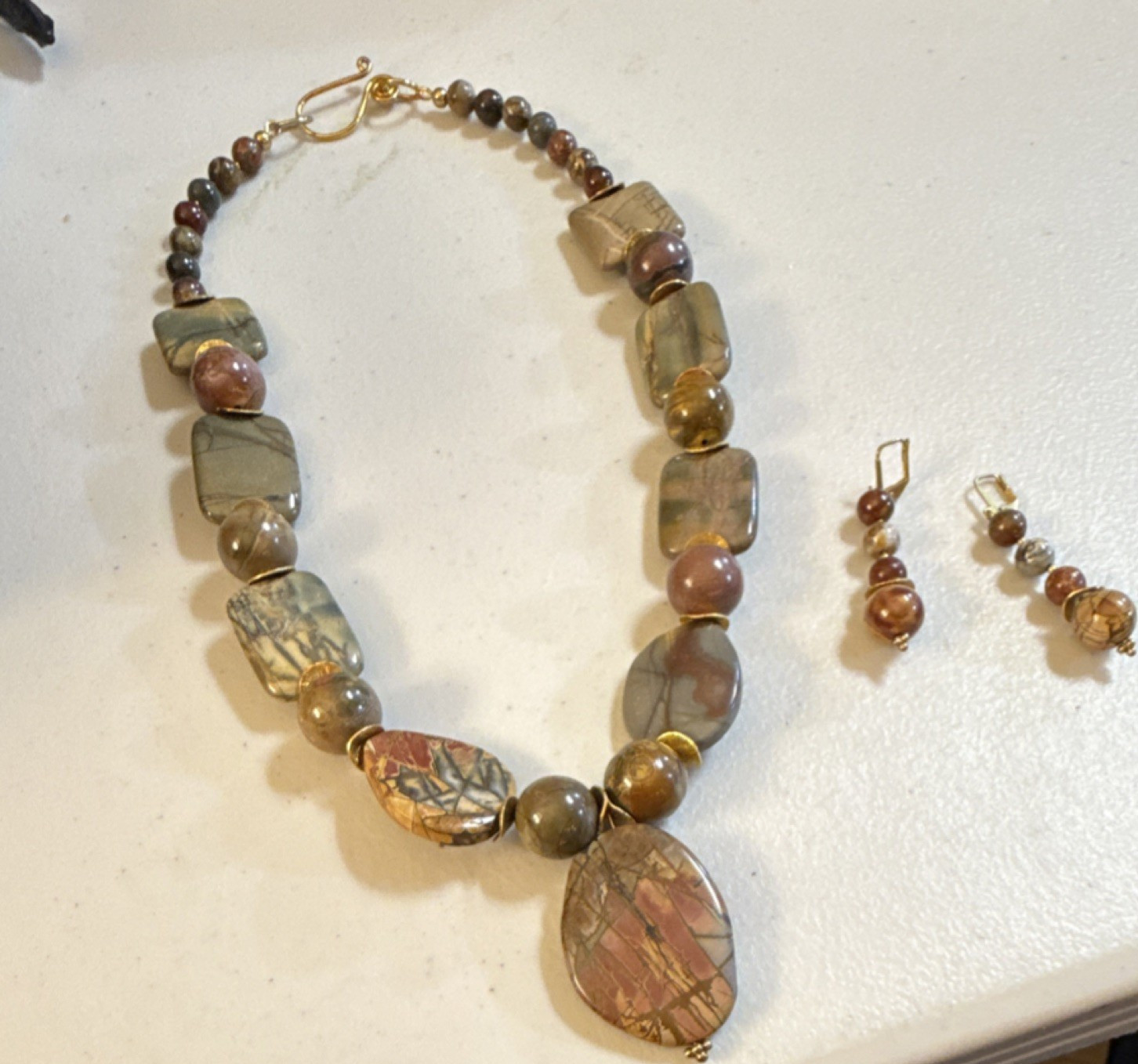 Jasper Handcrafted Jewelry Set Necklace Earrings Brown Multicolor Brass Women