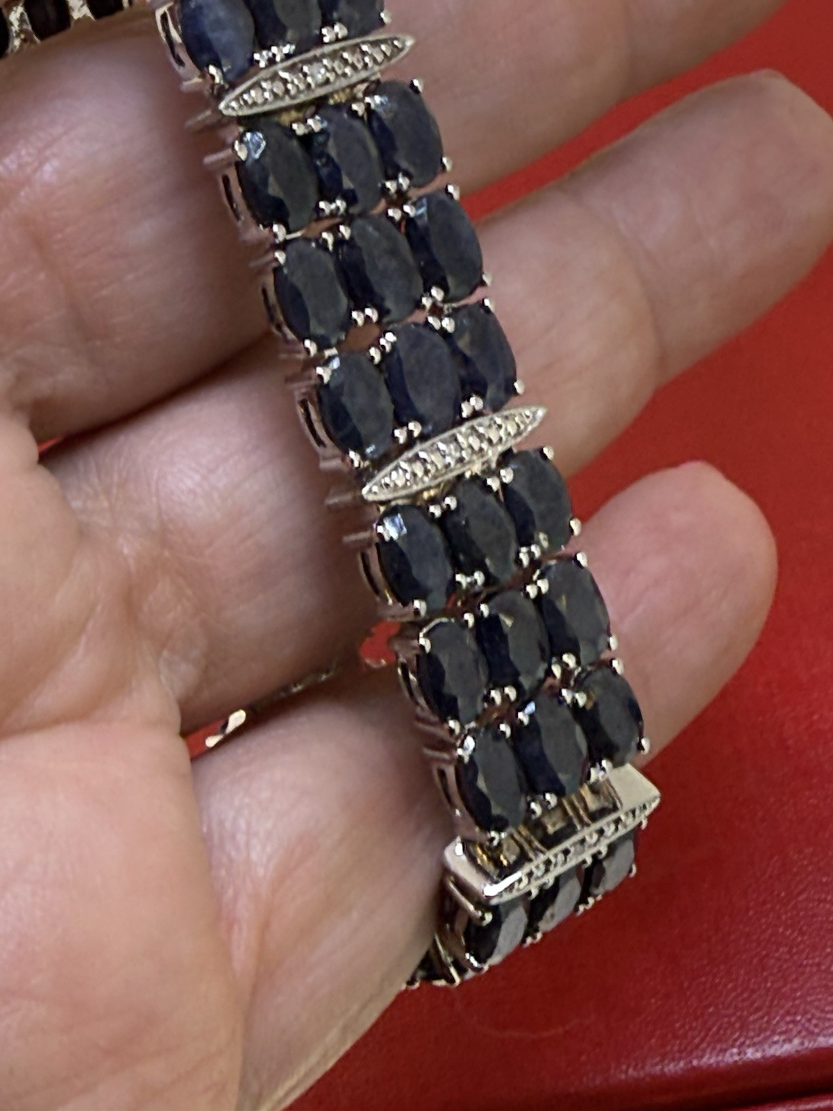 Vintage SJM Sterling Silver Blue Sapphire & Diamond Bracelet 7.5 Inch Long