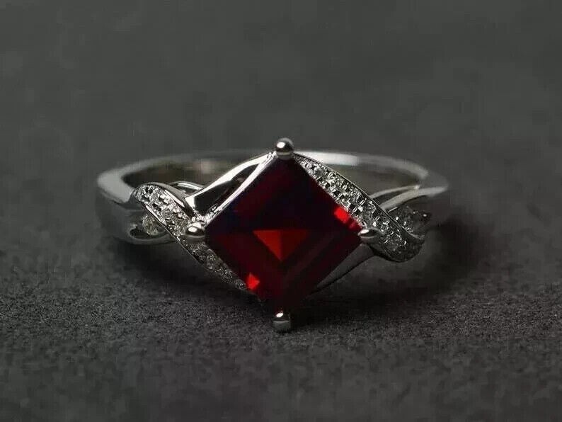 Princess Cut Simulated Garnet Women’s Stunning Fancy Ring 14k White Gold Plated