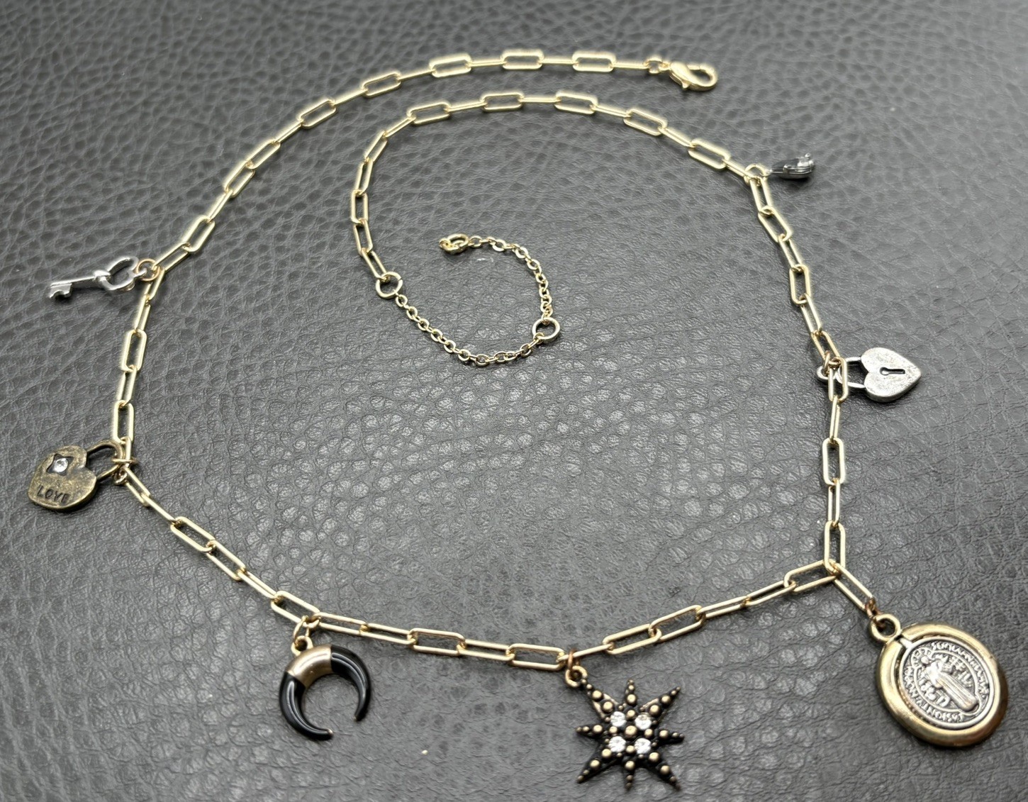 Saint Medal Celestial Moon Star Heart Lock Charm Necklace Catholic Pendant Chain