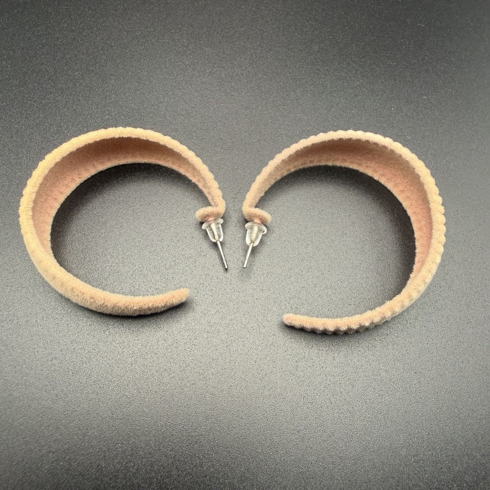 Chunky Velvet Hoop Earrings – Fuzzy Tan Beige Plush Open C Shape Studs Women’s