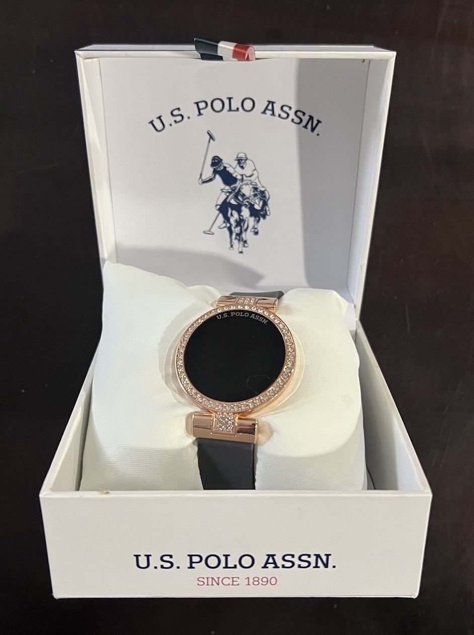 U.S. Polo Assn. Digital Watch Black Face Gray Silicone Band Rhinestone