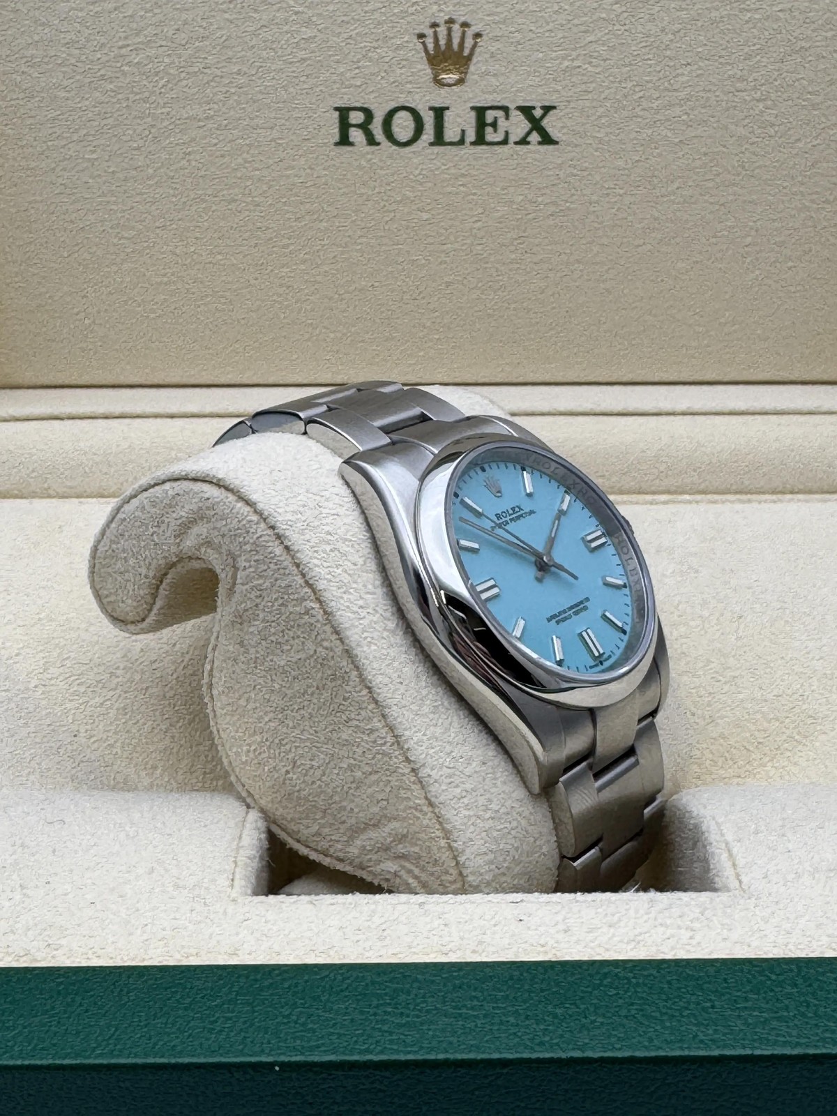 Rolex Oyster Perpetual 114300 39mm Custom Turquoise Dial Box Papers 124300 Style