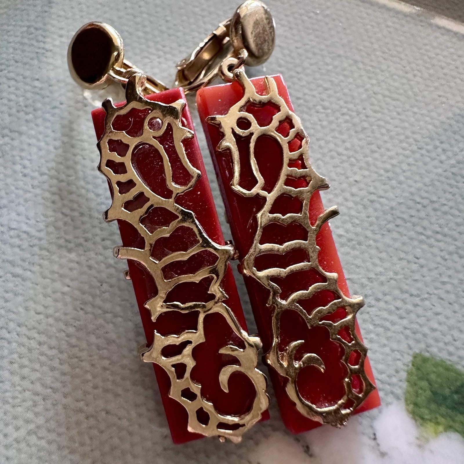 Rare Signed Boucher Seahorse Clip Earrings Red Glass Gold Tone Nautical VTG