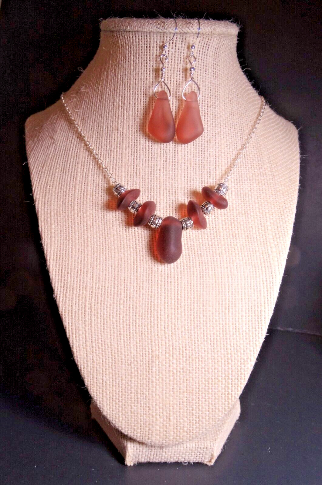 AMETHYST Sea Glass cultured Beach glass SET boho SEA GLASS 18+2″ w earrings