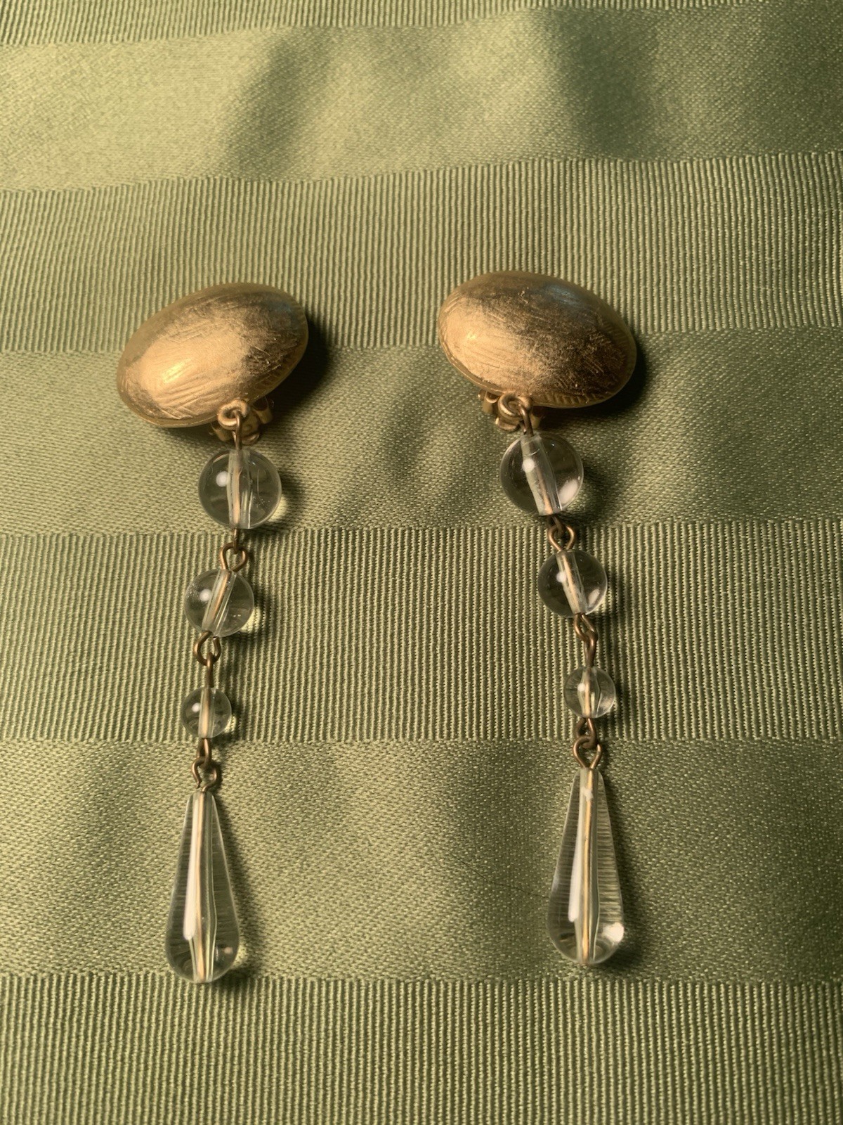 Vtg. DKNY Donna Karan Matte Gold & Clear Lucite Shoulder Duster Clipon Earrings