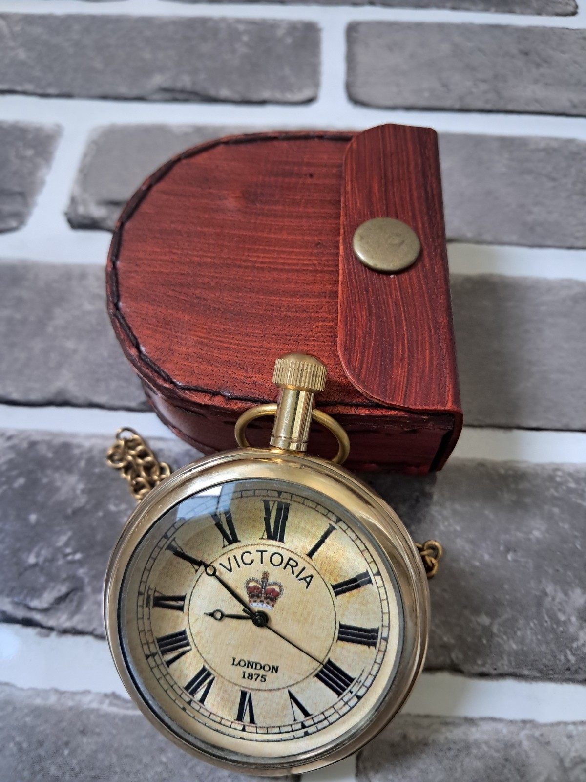 Antique Brass Pocket watch Victoria 1875 vintage with Leather Box Occasion Gift