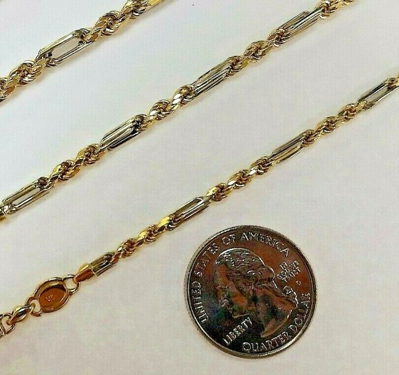 Authentic 14K Tri Color Hollow Figarope Link Chain Necklace 3mm-4.5mm 16″~28″